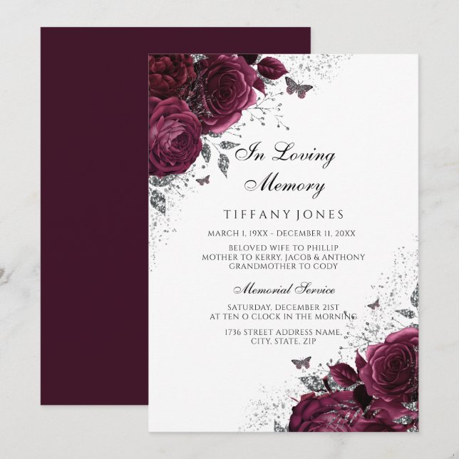 Burgundy Roses Silver Memorial Funeral Service Invitation (Front/Back)