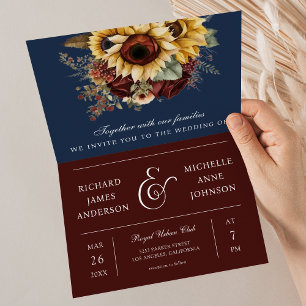 Burgundy Roses Sunflower Navy Blue QR Code Wedding Invitation