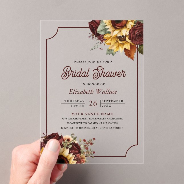 Burgundy Roses Sunflowers Bridal Shower Acrylic Invitations (Insitu (Handheld))