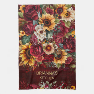 Burgundy roses sunflowers fall themed gifts kitchen towel
