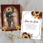 Burgundy Roses Sunflowers Photo Wedding Save The Date<br><div class="desc">Amaze your guests with this elegant save the date featuring rustic flowers bouquet and modern typography. Simply add your event details on this easy-to-use template and adorn this card with your favourite photo to make it a one-of-a-kind save the date card.</div>
