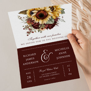 Burgundy Roses Sunflowers QR Code Wedding Invitation
