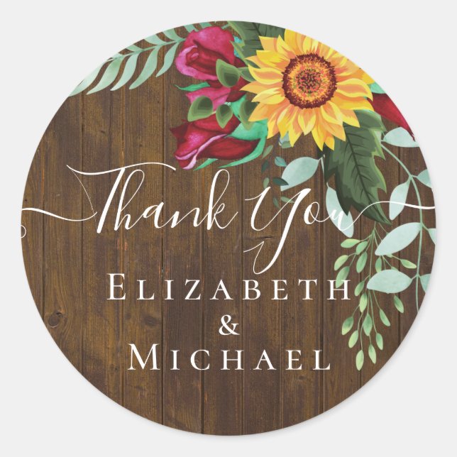 Burgundy Roses Sunflowers Thank You Favour Gift Classic Round Sticker (Front)