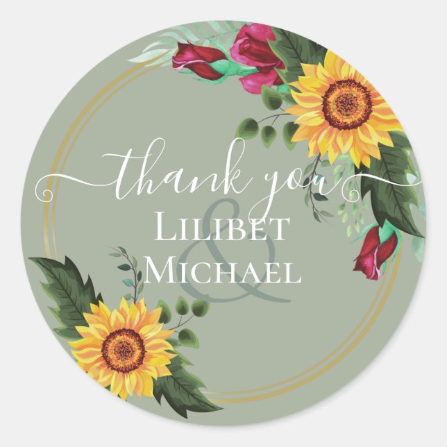 Burgundy Roses Sunflowers Thank You Favour Gift Classic Round Sticker (Front)