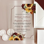 Burgundy Roses Sunflowers Wedding Acrylic Invitations<br><div class="desc">Amaze your guests with this elegant wedding invite featuring rustic flowers bouquet and modern typography. Simply add your event details on this easy-to-use template to make it a one-of-a-kind invitation.</div>