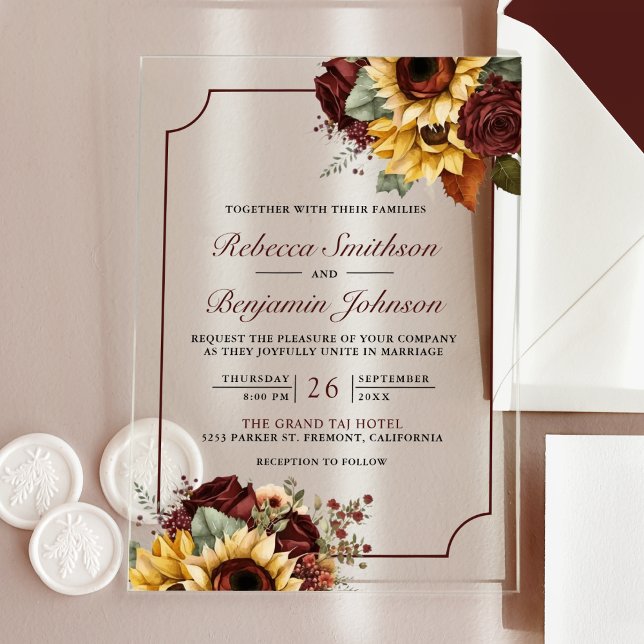 Burgundy Roses Sunflowers Wedding Acrylic Invitations (Creator Uploaded)