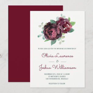 Burgundy Roses Watercolor Wedding Invitations