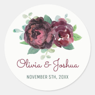 Burgundy Roses Watercolor Wedding Stickers