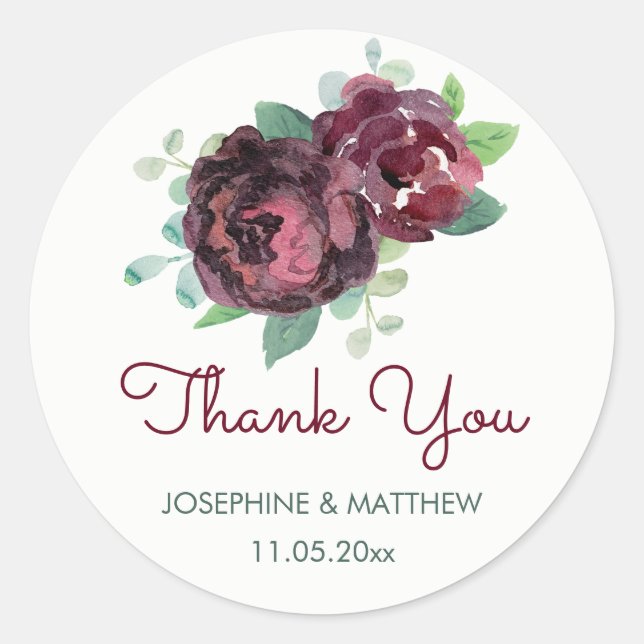 Burgundy Roses Watercolor Wedding Thank You Classic Round Sticker (Front)