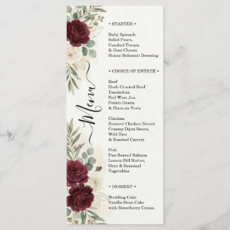 Burgundy Roses Wedding Dinner Script Elegant Menu