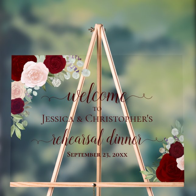 Burgundy Roses Wedding Rehearsal Dinner Welcome Acrylic Sign (Neutral)