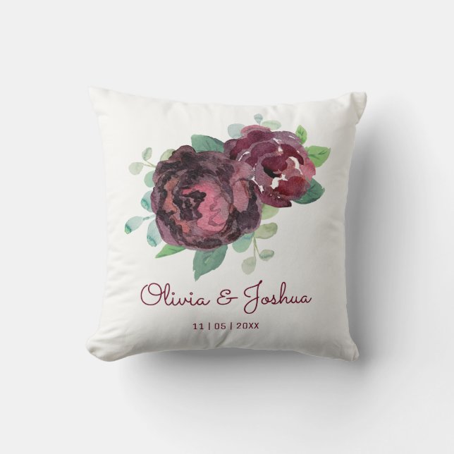 Burgundy Roses Wedding Throw Pillow (Front)