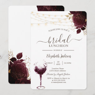 Burgundy Roses,Wine Glass Bridal Luncheon Invitation