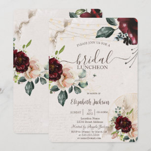 Burgundy Roses,Wine Glass,Lights Bridal Luncheon  Invitation