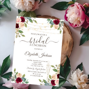 Burgundy Roses,Wine Glass,Lights Bridal Luncheon Invitation