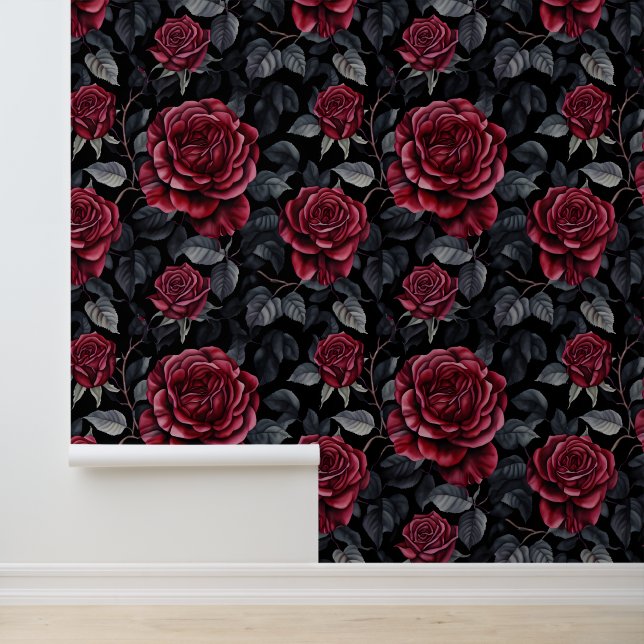 Burgundy Roses with Black Background Pattern Wallpaper (Application)