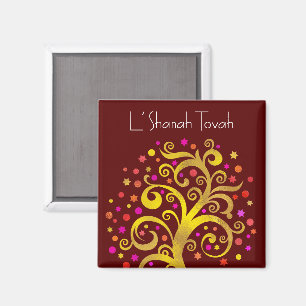 Burgundy Rosh Hashanah Gold Tree of Life Modern Magnet