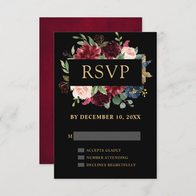Burgundy Rouge Navy Floral Boho Mariage RSVP (Devant / Derrière)