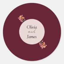 Burgundy Round Floral Wedding Envelope Sticker
