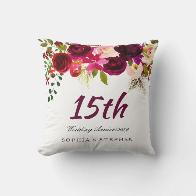 Burgundy Ruby Red Floral 15th Wedding Anniversary Throw Pillow (Front)