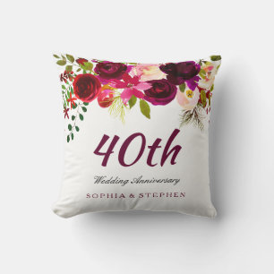 Burgundy Ruby Red Floral 40th Wedding Anniversary Throw Pillow