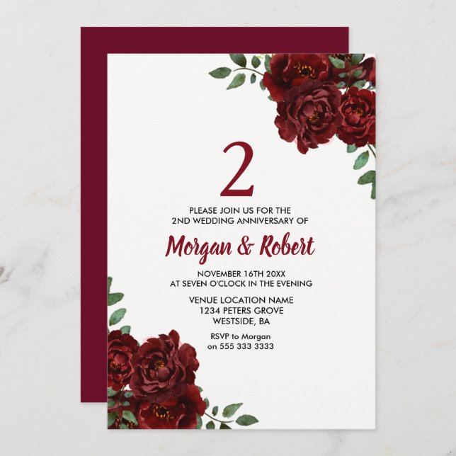 Burgundy Ruby Red Rose 2nd Wedding Anniversary Invitation (Front/Back)