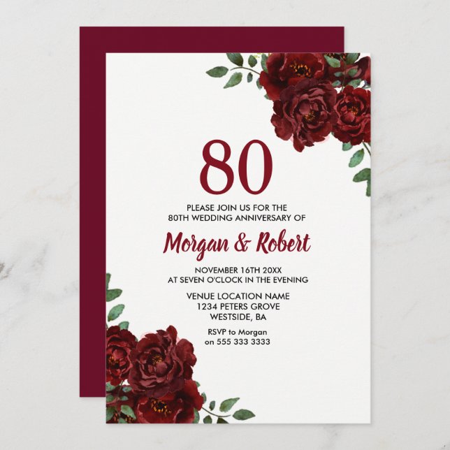 Burgundy Ruby Red Rose 80th Wedding Anniversary Invitation (Front/Back)