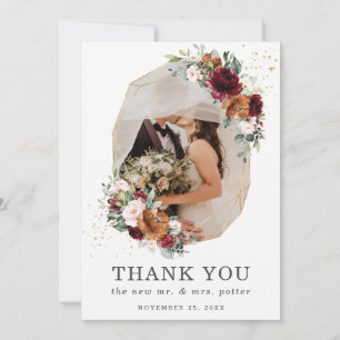 Burgundy Rust Floral Gold Geometric Photo Wedding Thank You Card