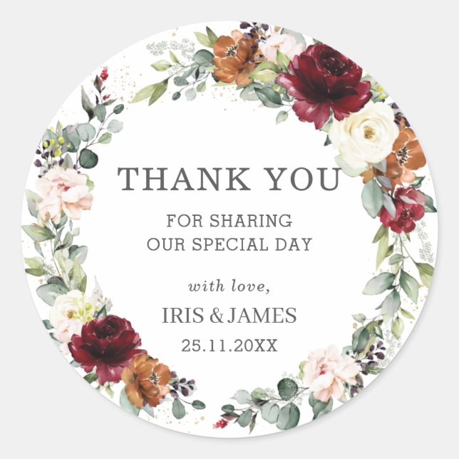 Burgundy Rust Ivory Floral Wedding Favour Thank Yo Classic Round Sticker (Front)