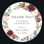 Burgundy Rust Ivory Floral Wedding Favour Thank Yo Classic Round Sticker<br><div class="desc">(c) The Happy Cat Studio</div>