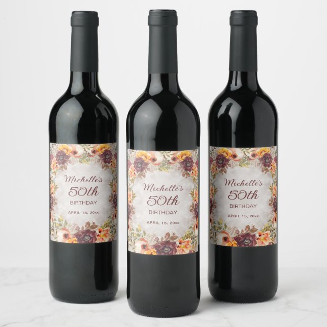 Burgundy Rust Orange Floral Women's 50th Birthday Wine Label (Bottles)
