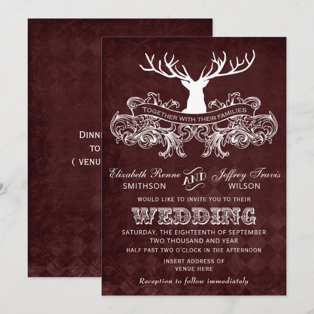 Burgundy Rustic Antler Deer Woodland Wedding Invitation (Front/Back)