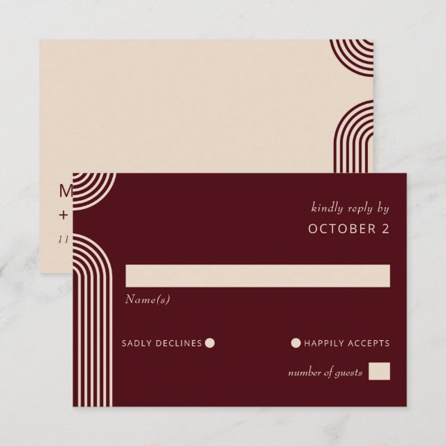 Burgundy Rustic Boho Arched Modern Wedding RSVP Card (Front/Back)