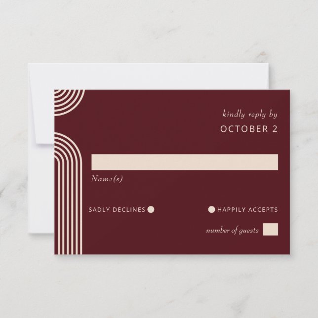 Burgundy Rustic Boho Arched Modern Wedding RSVP Card (Front)