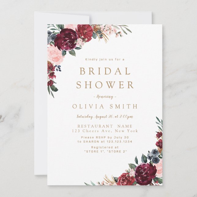 Burgundy rustic boho floral bridal shower invitation (Front)