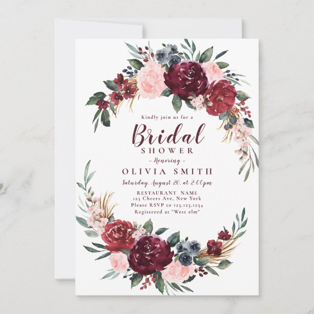 Burgundy rustic boho floral bridal shower invitation (Front)