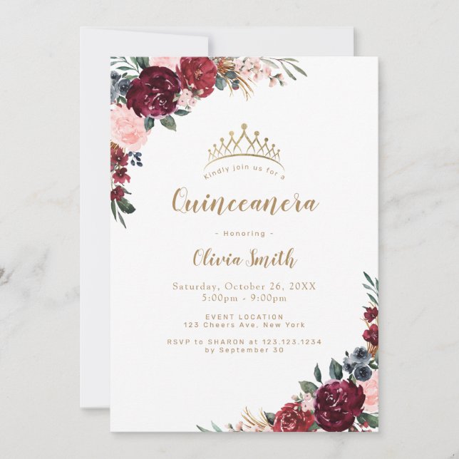 Burgundy rustic boho floral Quinceanera Invitation (Front)
