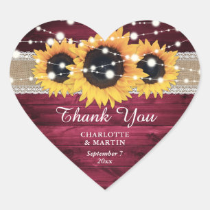 Burgundy Rustic Burlap Lace Sunflower Wedding Heart Sticker
