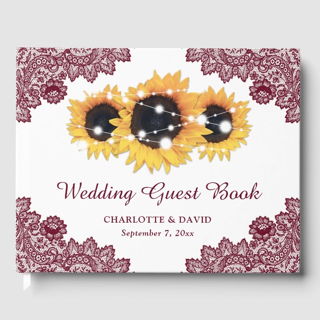 Burgundy Rustic Chic Lace Sunflower Wedding Guest Book (Front)