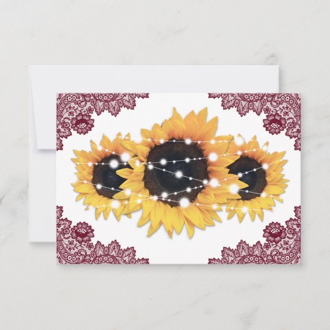 Burgundy Rustic Chic Lace Sunflower Wedding RSVP Card (Front)