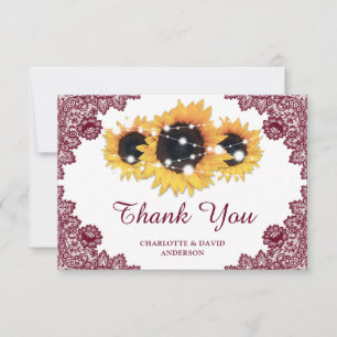 Burgundy Rustic Chic Lace Sunflower Wedding Thank You Card