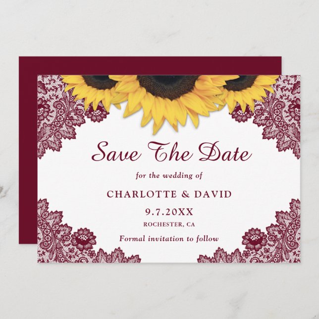 Burgundy Rustic Chic Sunflower Lace Wedding Save The Date (Front/Back)