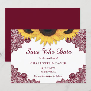 Burgundy Rustic Chic Sunflower Lace Wedding Save The Date