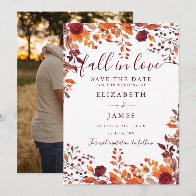 Burgundy Rustic Fall Autumn Photo Wedding Save The Date (Front/Back)