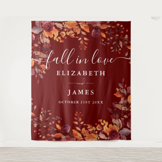 Burgundy Rustic Fall Floral Photo Booth Backdrop Tapestry (Front)