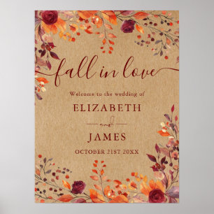 Burgundy Rustic Fall In Love Wedding Welcome Sign