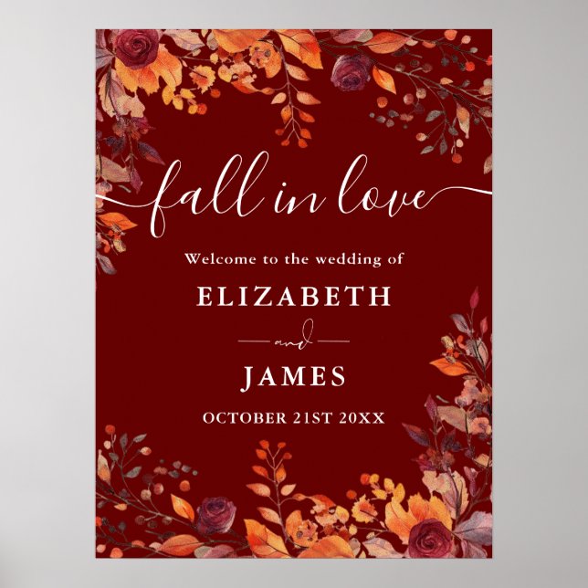 Burgundy Rustic Fall In Love Wedding Welcome Sign (Front)