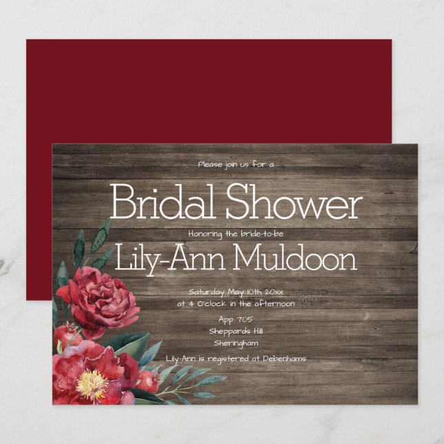 Burgundy Rustic Floral Barn Wood Bridal Shower Invitation (Front/Back)