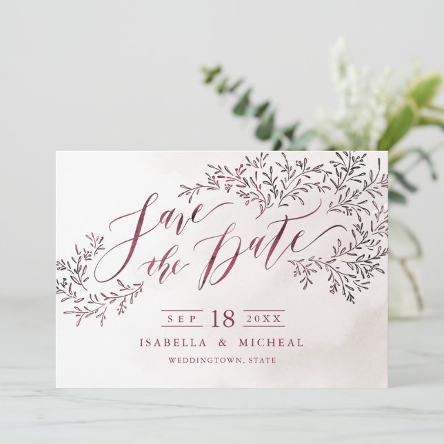 Burgundy rustic floral calligraphy save the date (Standing Front)