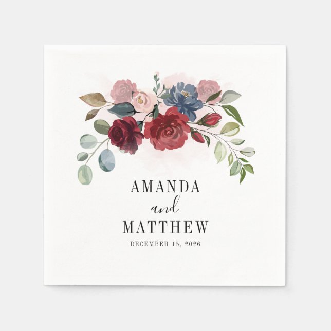Burgundy Rustic Floral Custom Wedding Cocktail Napkin (Front)